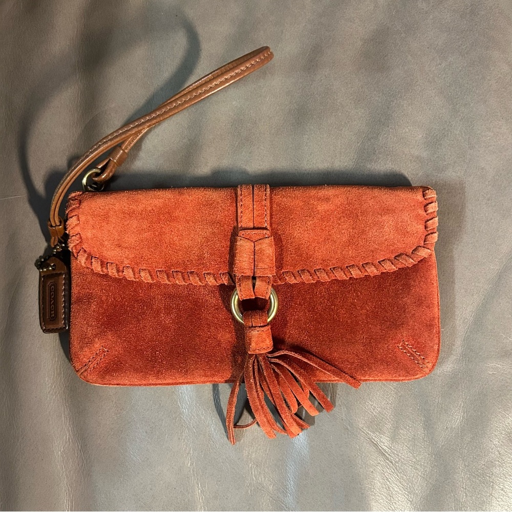 COACH Vintage Suede Clutch in Rich Burnt Orange Brown Tassles Braided Leather